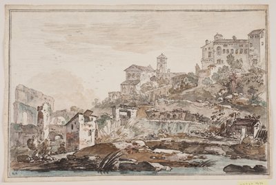 Vista de ciudad con ruinas y una iglesia y palacio en lo alto de Jens Petersen Lund