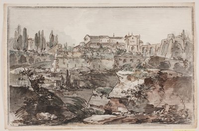 Vista con fortaleza (?), ruinas, rocas y agua de Jens Petersen Lund