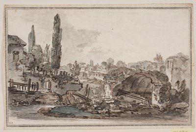 Perspectiva con árboles altos, edificios y ruinas de Jens Petersen Lund