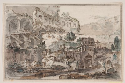 Perspectiva con ruinas y casas junto al arroyo de Jens Petersen Lund