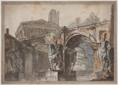 Vista "romana" con puente, ruina de templo y estatua ecuestre de Jens Petersen Lund