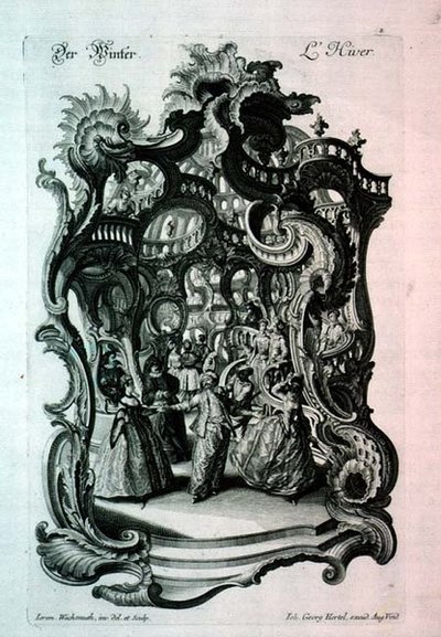 Invierno, partitura rococó que representa un baile de disfraces, pub. por Johann Georg Hertel de Jeremias Wachsmuth