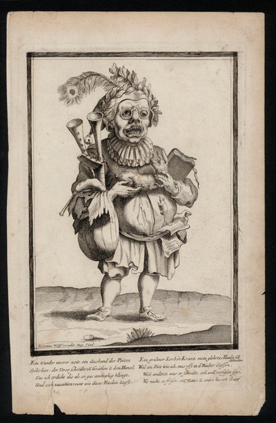 Hombre llevando una gaita y usando un tocado de plumas de pavo real, impresión de vestuario surrealista, c1700 de Jeremias Wolff