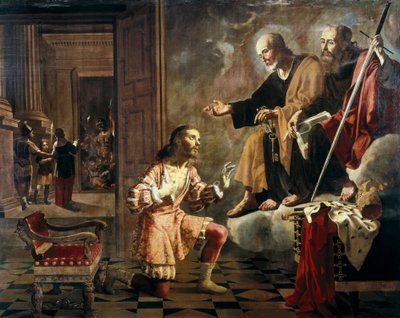 Con los apóstoles San Pedro y San Pablo apareciendo al emperador romano Constantino I el Grande (272-337), el primer emperador en convertirse al cristianismo de Jeronimo Jacinto Espinosa