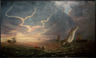 Veleros en mar agitado al atardecer de Jeronimus van Diest