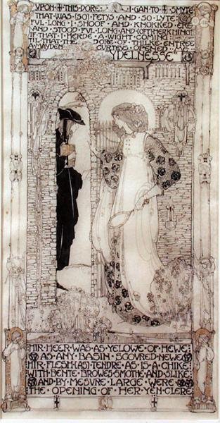 Ociosidad, de "El romanticismo de la rosa" de Chaucer (c.1342-1400) (tinta y pintura dorada sobre vitela) de Jessie Marion King