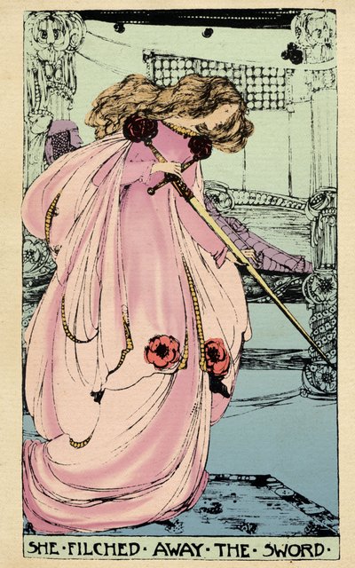 El hada Morgane roba la Excalibur para que su amante la utilice contra el Rey Arturo. Ilustración de Jessie Marion King (1875-1949) para el libro "" La alta historia del Santo Grial de Perceval el Galés, caballero de la mesa redonda" de Sebastian Evans (18 de Jessie Marion King