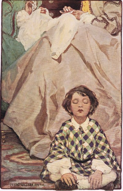 Un niño sentado con mujeres cosiendo, de "El jardín de los versos de un niño" de Robert Louis Stevenson, publicado en 1885 (litografía en color) de Jessie Willcox Smith