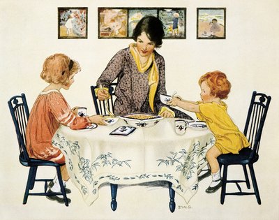 Familia (madre e hijos) reunida alrededor de una mesa comiendo pasta de Jessie Willcox Smith