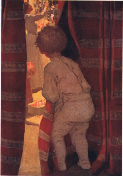 Se arrastró escaleras abajo para echar un vistazo en el salón (litografía en color) de Jessie Willcox Smith