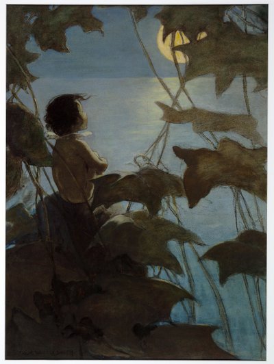 Miró a la amplia luna amarilla y pensó que ella le miraba a él, de The Water Babies de Charles Kingsley, pub. 1916 (litografía en color) de Jessie Willcox Smith