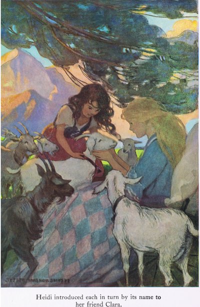 Heidi presentó cada uno por su nombre a su amiga Clara, ilustración de "Heidi" (litografía en color) de Jessie Willcox Smith