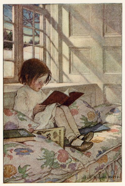 Libros ilustrados en invierno (litografía en color) de Jessie Willcox Smith