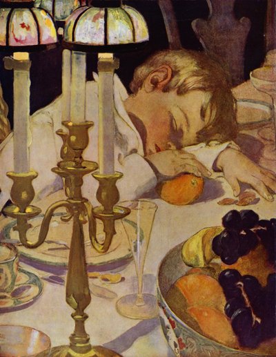 Robin apoyó la cabeza en su brazo y cerró los ojos (litografía en color) de Jessie Willcox Smith