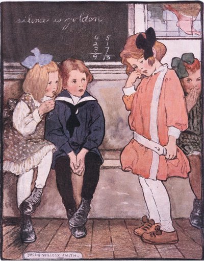 Bajó de la plataforma, todavía conteniendo valientemente sus lágrimas (litografía en color) de Jessie Willcox Smith
