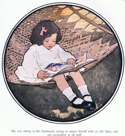 Estaba sentada en la hamaca, intentando entretenerse con un viejo atlas y no lo consiguió del todo bien (litografía en color) de Jessie Willcox Smith