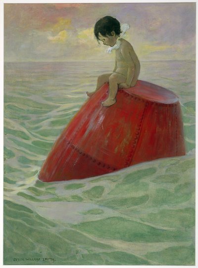 Tom se sentó en la boya durante largos días, de The Water Babies de Charles Kingsley, pub. 1916 (litografía en color) de Jessie Willcox Smith