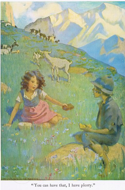 "You can have that, I have plenty", ilustración de "Heidi" (litografía en color) de Jessie Willcox Smith