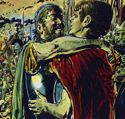 Alejandro se une a su padre en la batalla contra los griegos (litografía en color) de Jesus Blasco