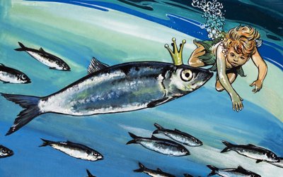 Niño nadando con un pez, ilustración de "The Water Babies" de Charles Kingsley (gouache sobre papel) de Jesus Blasco