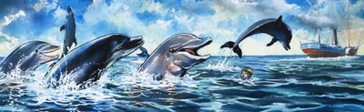 Niño nadando con delfines (gouache sobre papel) de Jesus Blasco