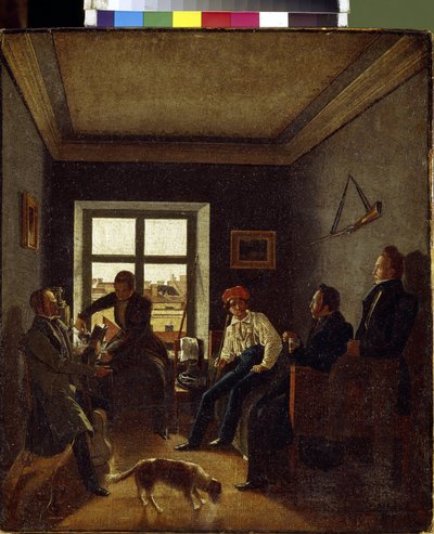 Siete de la tarde (noche literaria). Pintura de Evgraf Fyodorovich Krendovski (1810-después de 1853), óleo sobre lienzo, alrededor de 1820. Arte ruso de Jevgraf Fiodorovitch Krendovsky