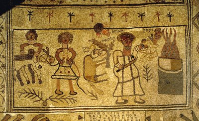 (detalle) del mosaico del suelo que representa la atadura de Isaac de Jewish School