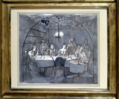 Fiesta de las Cabañas en el restaurante Kasher por la familia de Moisés Ulmann. Dibujo sobre papel, lavado de tinta en 1831 35.5 x 31.3 cm. (JM 189) Museo Judío de Basilea, Suiza. de Jewish School