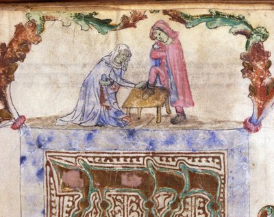 Judaísmo: rito hebreo de lavado de pies (ablución) del viajero. Miniatura de un manuscrito hebreo del siglo XIV. Biblioteca Palatina, Parma de Jewish School