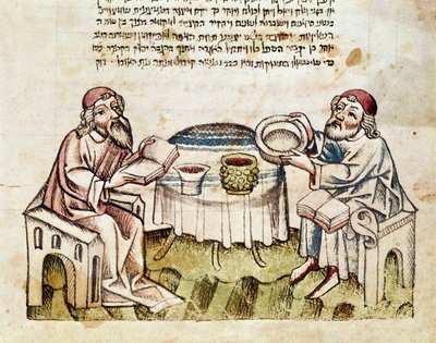 Judaísmo: "dos rabinos celebran la Pascua con la ceremonia del Seder" Miniatura de un Majzor (libro de oraciones en hebreo) siglo XV de Jewish School