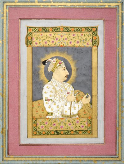 Retrato de Muhammad Shah sosteniendo una esmeralda y la boquilla de una huqqa, c.1730 de Jharokha Nidha Mal