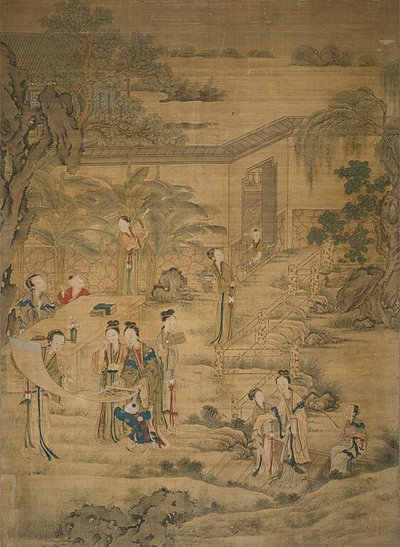 Mujeres viendo cuadros de Jiao Bingzhen