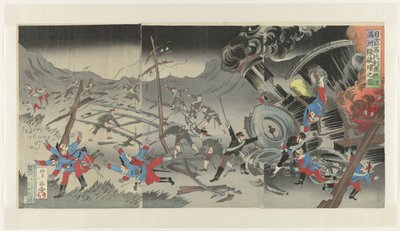 Destrucción del ferrocarril en Manchuria durante la Guerra Ruso-Japonesa Nichiro Shiberia tetsudô Manshûsen hakai no zu (título sobre objeto) de Jinsai Rosetsu