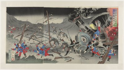 Destrucción del ferrocarril en Manchuria durante la Guerra Ruso-Japonesa Nichiro Shiberia tetsudô Manshûsen hakai no zu (título sobre objeto) de Jinsai Rosetsu