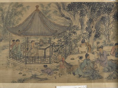 Gathering At The Lanting Orchid Pavilion (tinta y color sobre satén) de Jiuru Chen