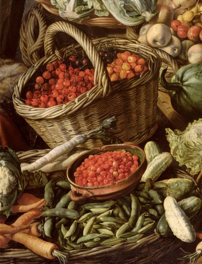 Detalle de Bodegón con frutas, verduras y una mujer del mercado, 1564 de Joachim Beuckelaer