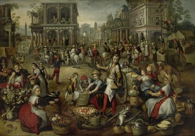 Mercado, con la Flagelación, el Ecce Homo y el Camino al Calvario en el fondo, 1550-90 de Joachim Beuckelaer