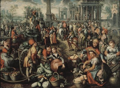Escena de mercado con Ecce Homo, la flagelación y Cristo llevando la cruz de Joachim Beuckelaer
