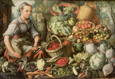 Naturaleza muerta con frutas, verduras y una mujer del mercado de Joachim Beuckelaer