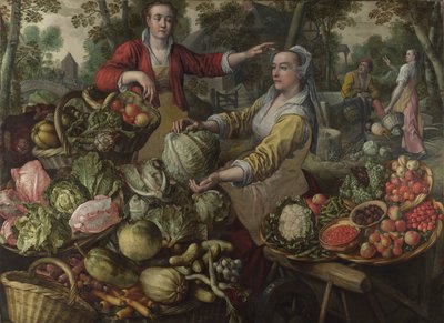 Los Cuatro Elementos: Tierra. Un mercado de frutas y verduras con la huida a Egipto en el fondo de Joachim Beuckelaer