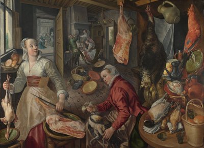 Los Cuatro Elementos: Fuego. Una escena de cocina con Cristo en la casa de Marta y María en el fondo de Joachim Beuckelaer