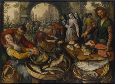 Un mercado de pescado con Ecce Homo de Joachim Beuckelaer