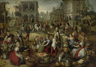 Mercado, con la Flagelación, el Ecce Homo y el Viacrucis al fondo de Joachim Bueckelaer (copy after)