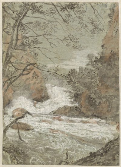 Paisaje fluvial con una cascada (recto) de Joachim Franz Beich