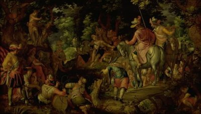 Juan el Bautista predicando en el bosque de Joachim Wtewael or Utewael