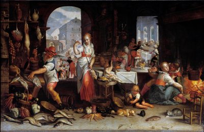 Una mujer asa un pollo en una cocina llena de comida de Joachim Wtewael or Utewael