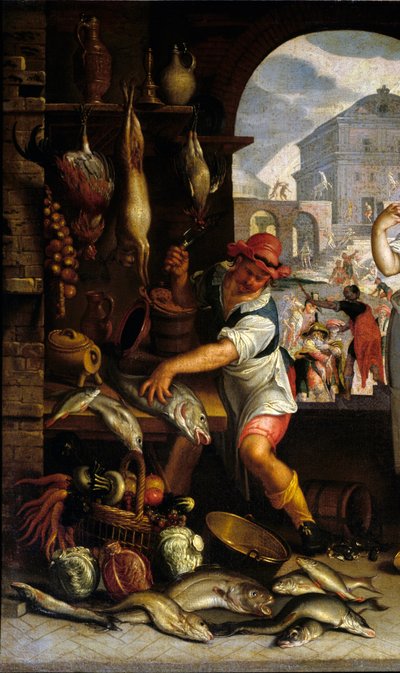 Detalle de “Escena de cocina con la parábola del banquete”. Un hombre prepara pescado de Joachim Wtewael or Utewael