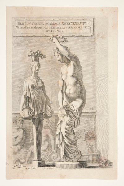 Una estatua y una mujer llevando jarrones y frutas de Joachim von Sandrart