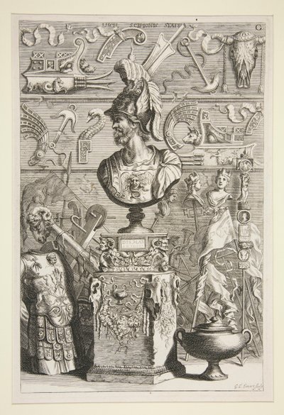 Una estatua de Lucius Sciopione, armadura y otros estandartes y fragmentos antiguos de Joachim von Sandrart