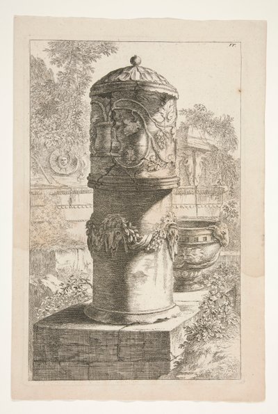 Una urna alta cubierta y un cuenco en un paisaje con ruinas clásicas de Joachim von Sandrart